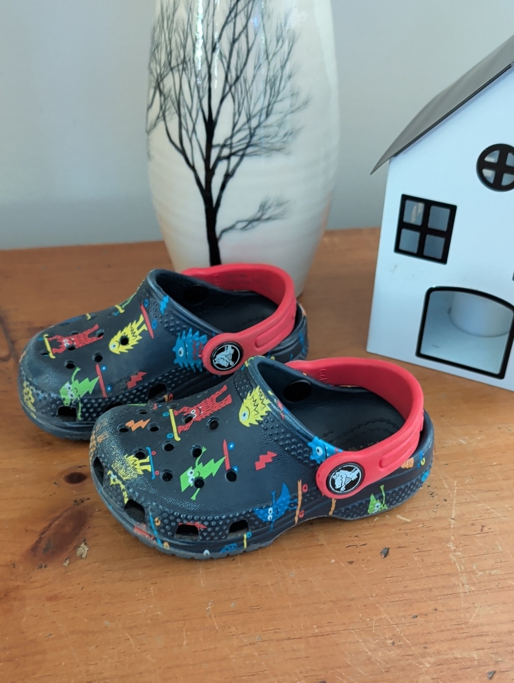 Toddler Crocs Colorful Monster Print and Red Strap